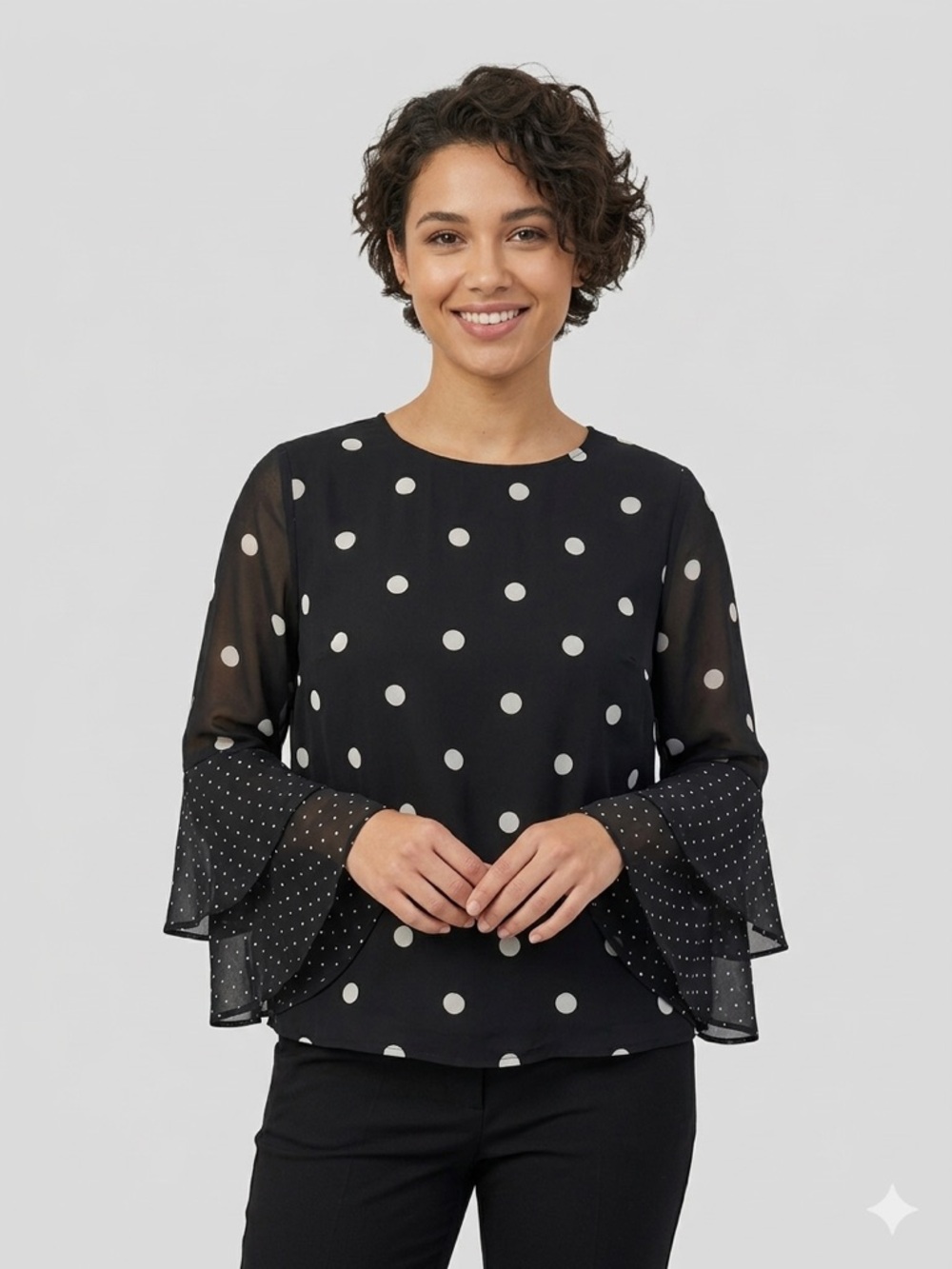 Emma & Olivia Mix Black Polka Dot Chiffon Bell Sleeve Blouse - Size Large
